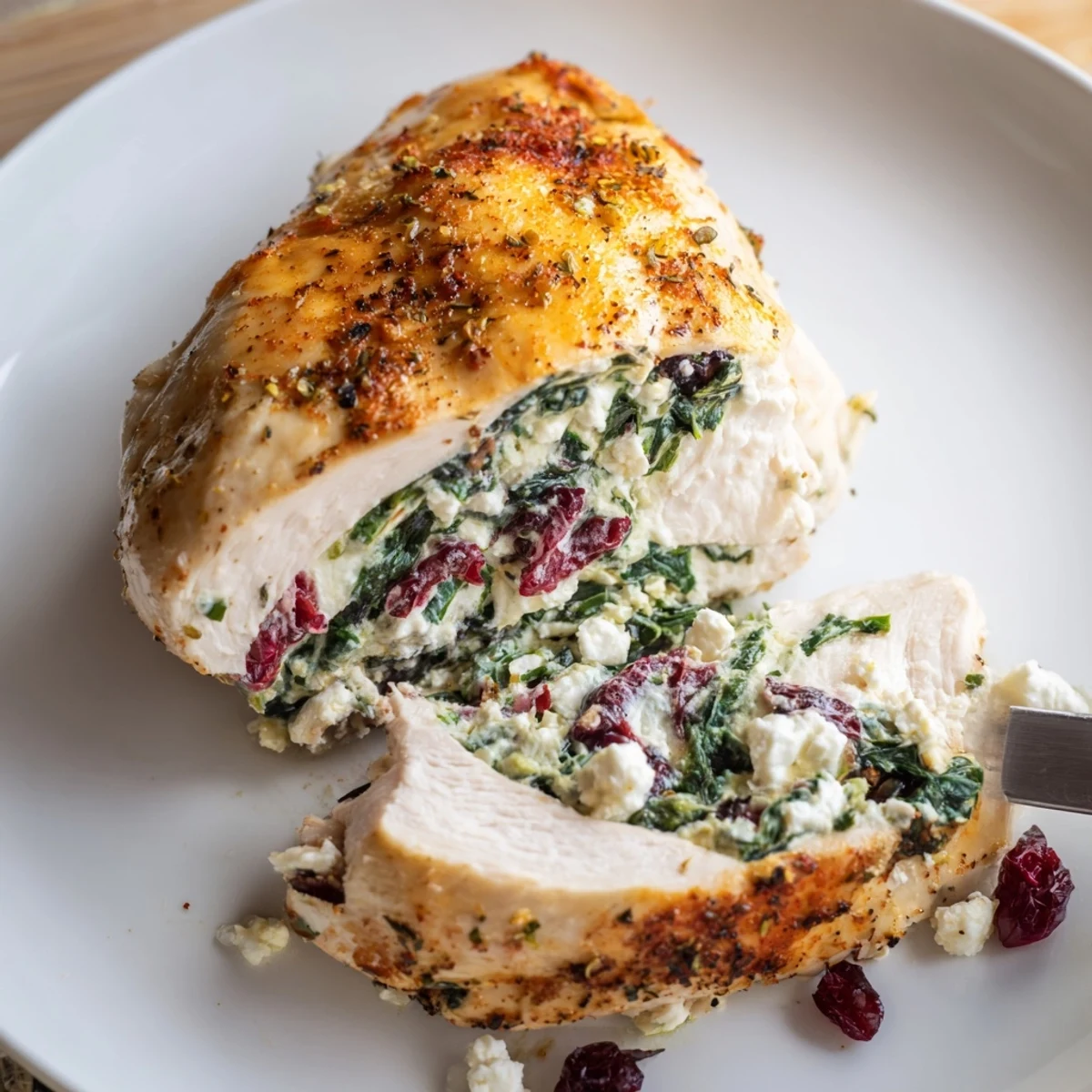 Warm Cranberry Spinach Stuffed Chicken Breasts sliced to reveal creamy spinach, tart cranberries