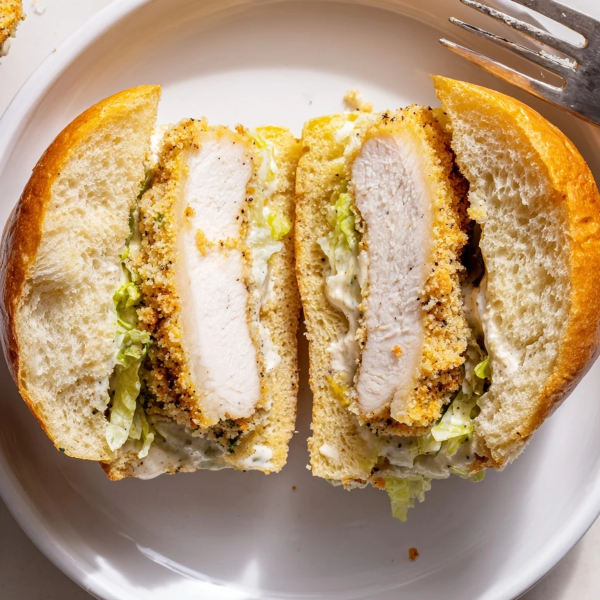 Crispy Chicken Caesar Sandwich with golden panko crust and tangy Caesar dressing