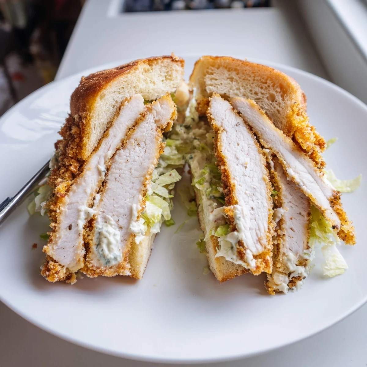 Toasted brioche holds a Crispy Chicken Caesar Sandwich layered with crunchy romaine