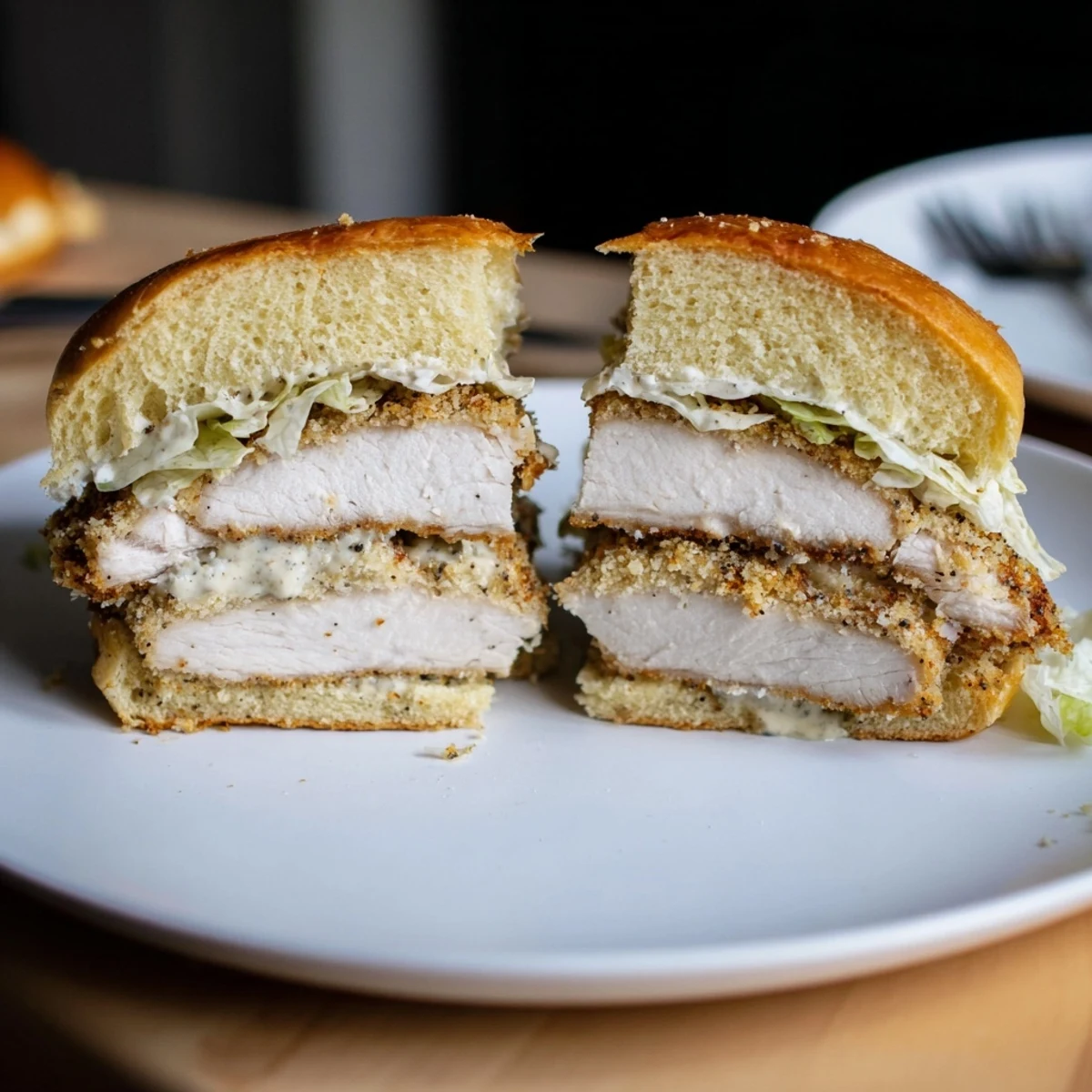 Crispy Chicken Caesar Sandwich plated hot, juicy fried chicken and creamy dressing