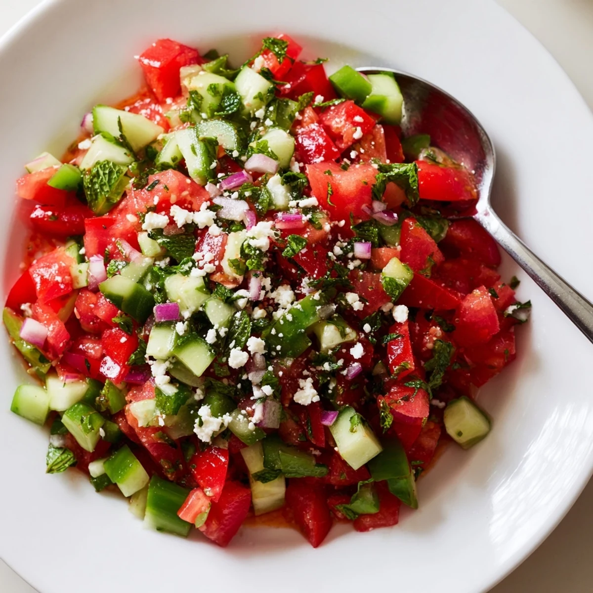 Turkish Shepherds Salad piled bright with diced tomatoes, cucumbers, parsley and lemony dressing
