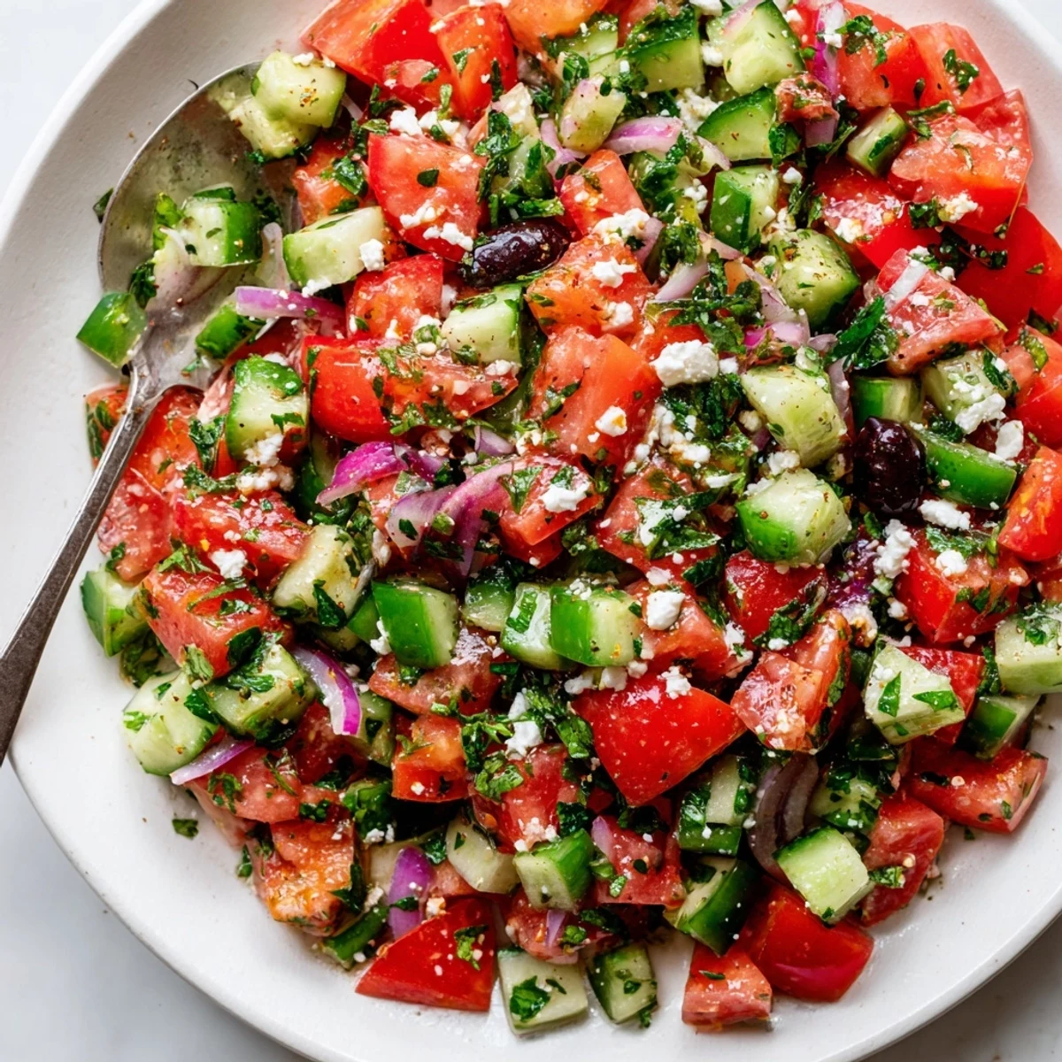 Vibrant Turkish Shepherds Salad served beside grilled lamb, olive-studded feta