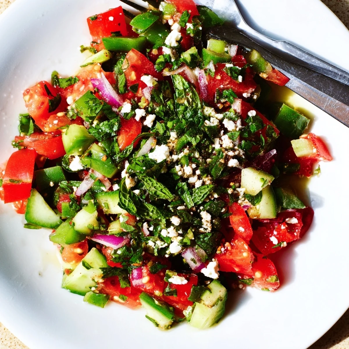 A bowl of Turkish Shepherds Salad: crunchy cucumbers, mint, feta garnish