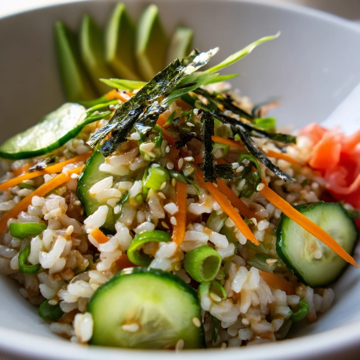 Sushi Cucumber Salad with chilled sushi rice, crisp cucumbers, nutty sesame finish