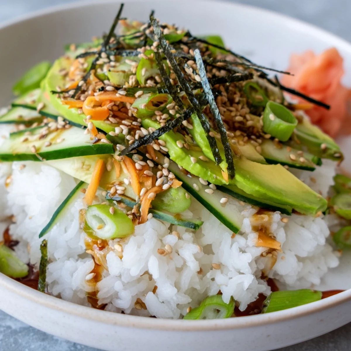 Bright Sushi Cucumber Salad tossed in tangy-sweet dressing, garnished with nori