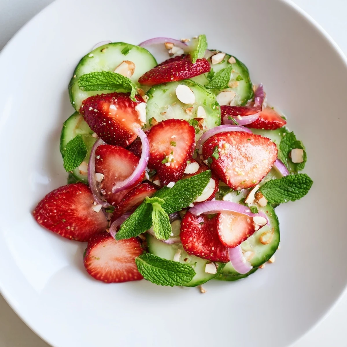 Chilled Cucumber Strawberry Salad tossed with honey-balsamic dressing and feta