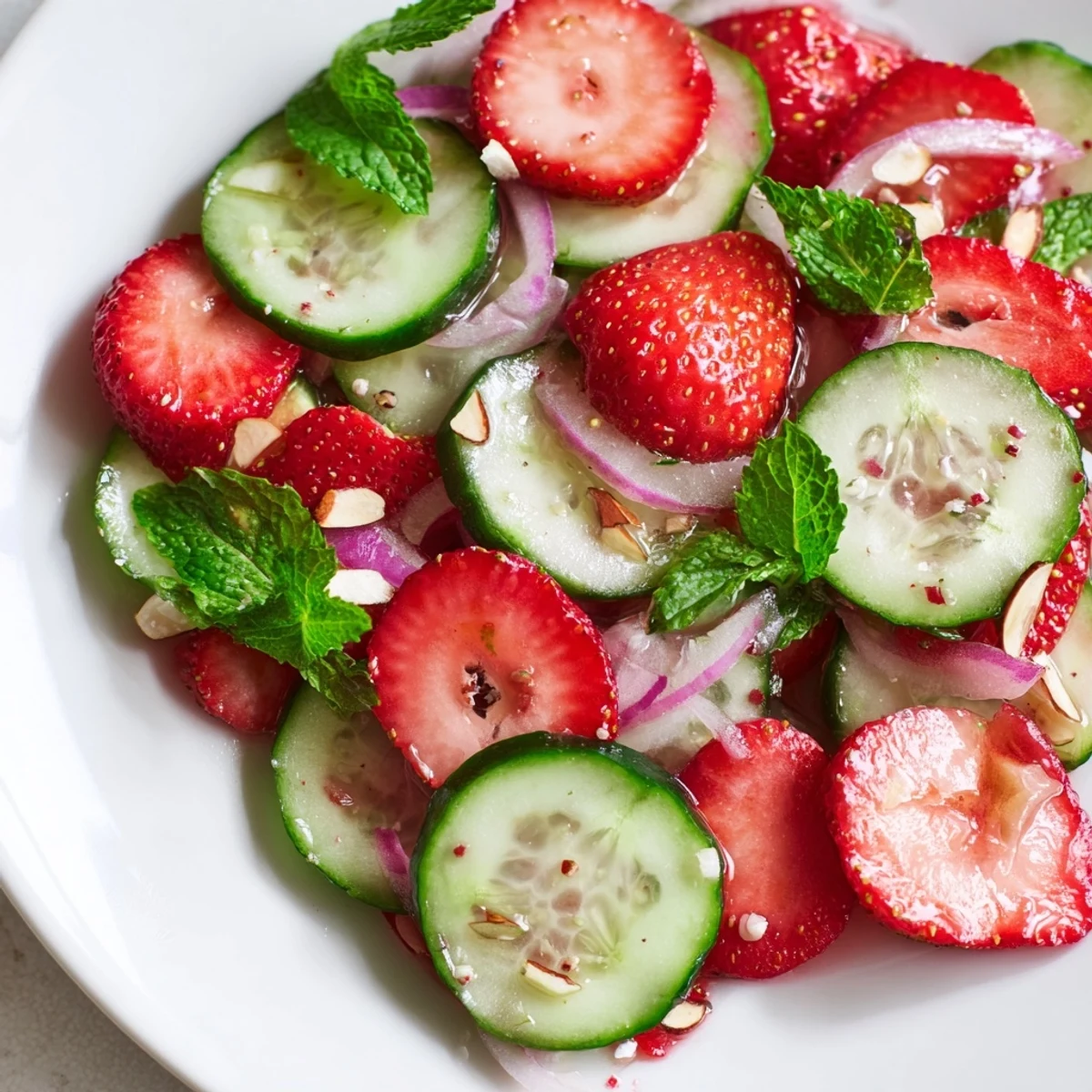 Cucumber Strawberry Salad with bright mint, juicy berries, and tangy dressing