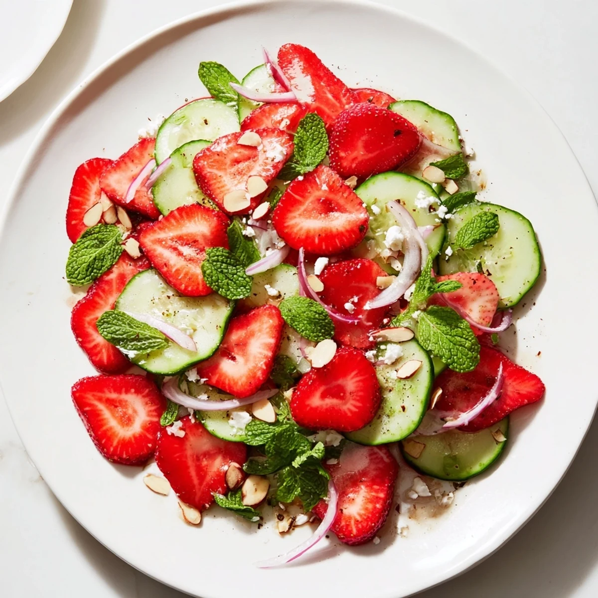 Cucumber Strawberry Salad served alongside grilled chicken, vibrant colors, mint garnish