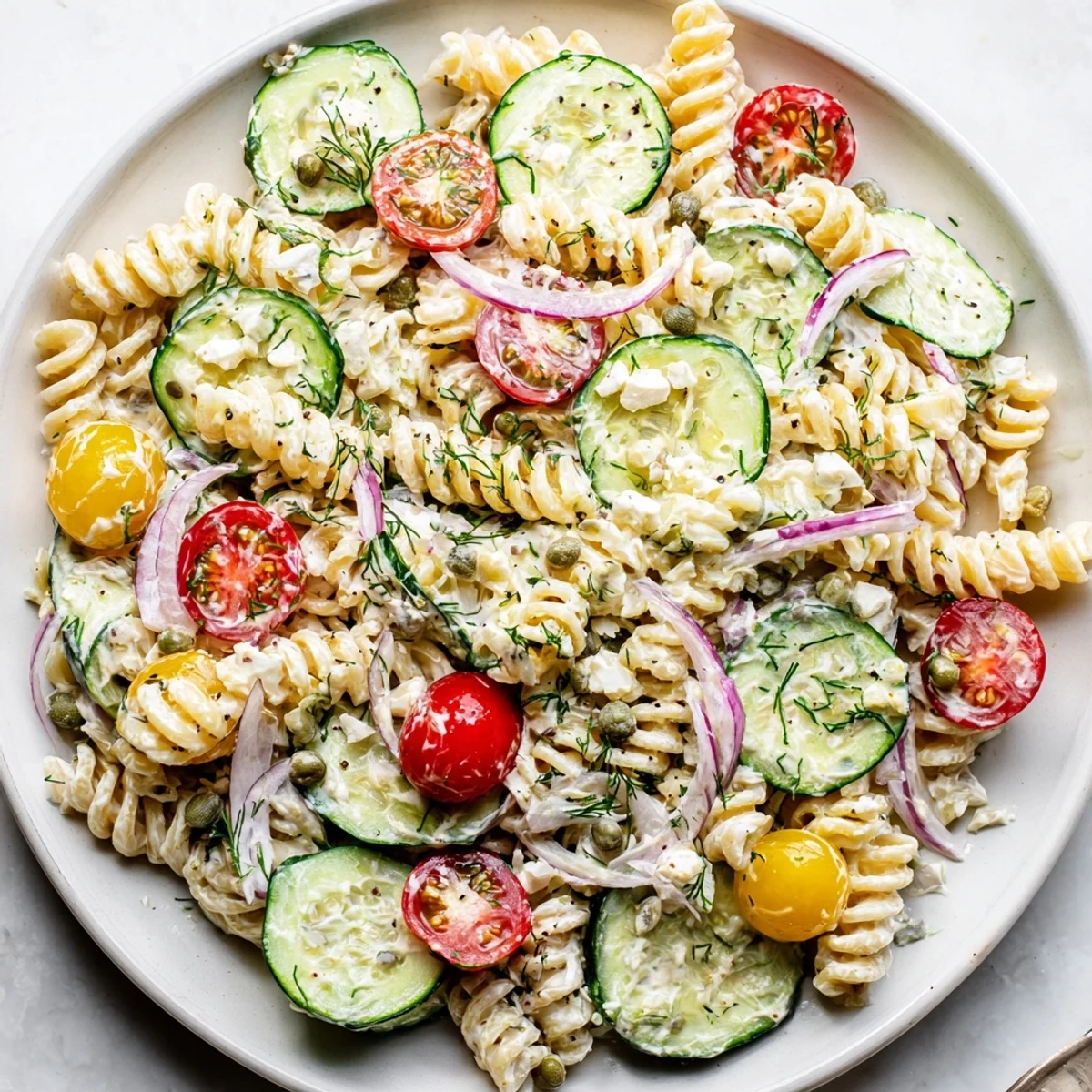 Cucumber Pasta Salad glistening with creamy dressing, crisp cucumbers and cherry tomatoes.