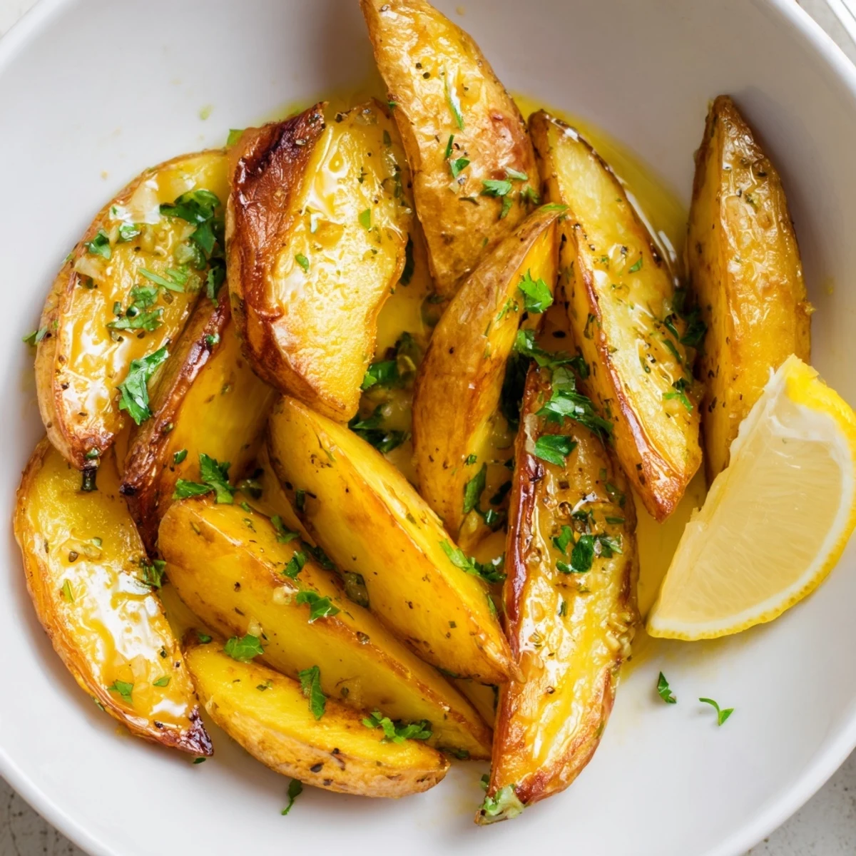 Bowl of Authentic Greek Lemon Potatoes Recipe, crispy edges and bright lemon