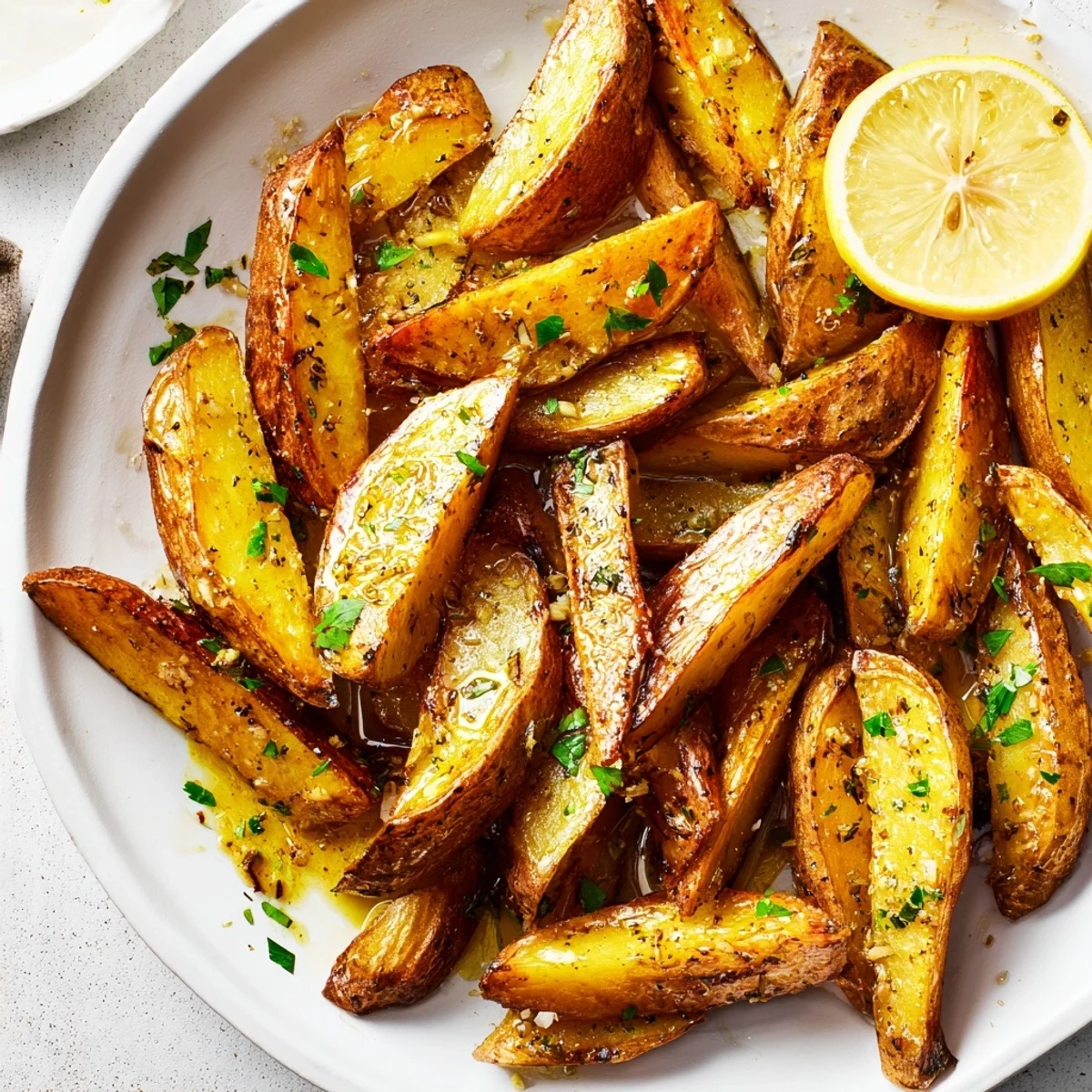 Roasted wedges from Authentic Greek Lemon Potatoes Recipe, garlic-infused, golden and fork-tender