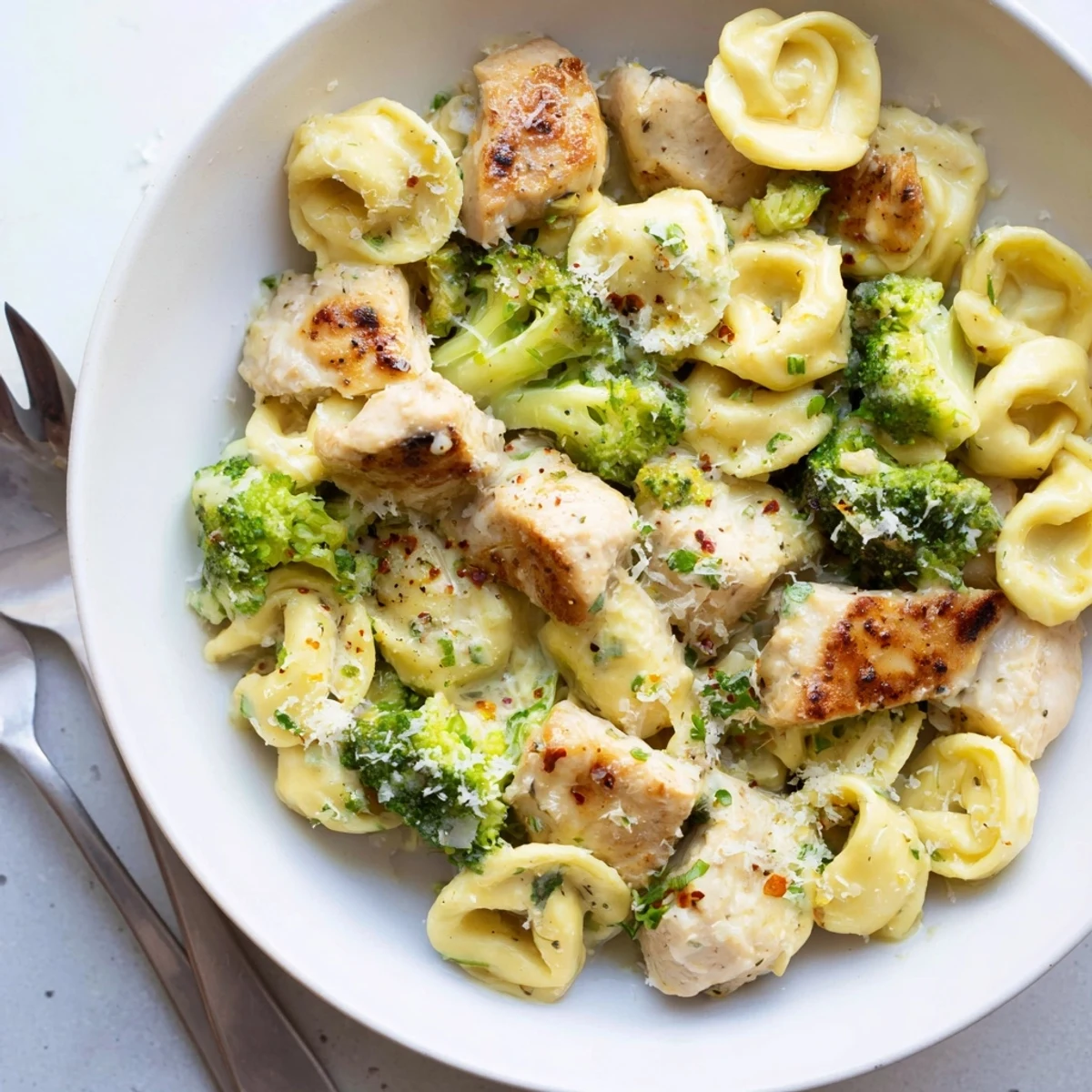 Bowl of Creamy Garlic Parmesan Tortellini Chicken Broccoli Recipe garnished with parsley, served hot