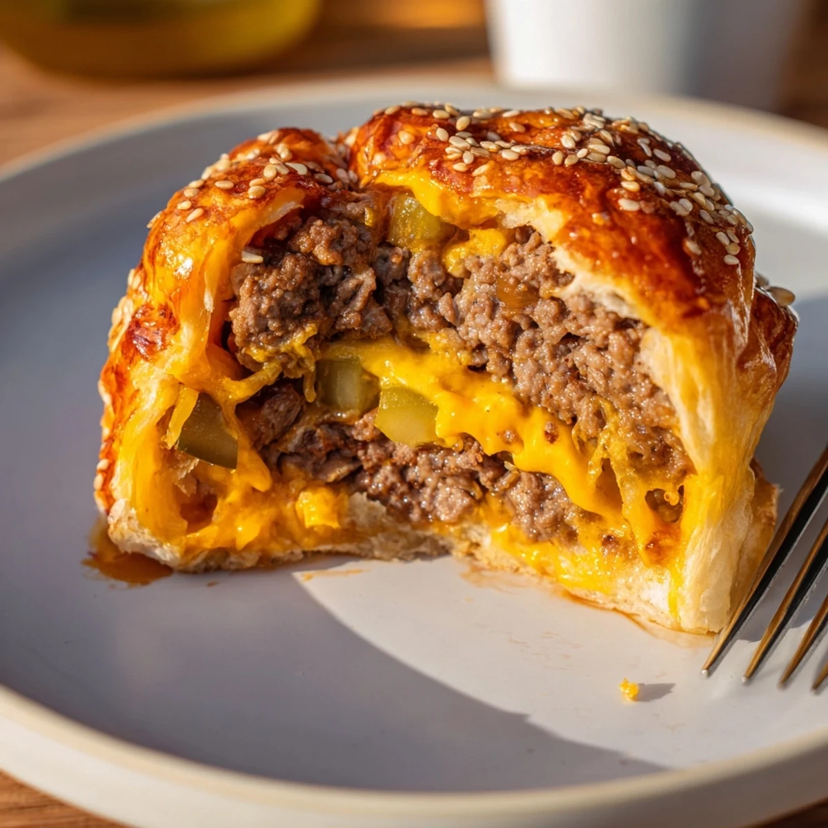 Golden biscuit wrapped Cheesy Cheeseburger Bombs Explosion Recipe with gooey cheddar oozing