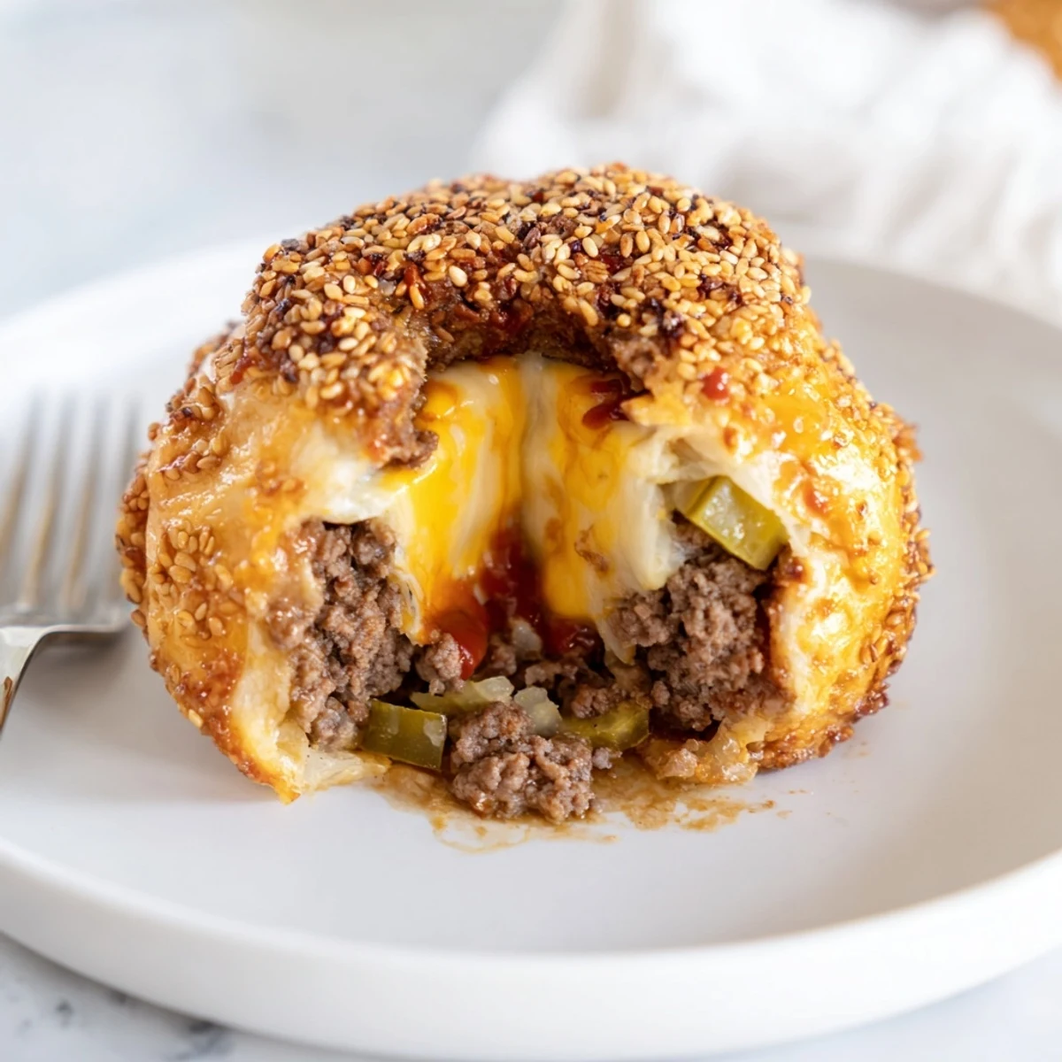 Handheld Cheesy Cheeseburger Bombs Explosion Recipe showing molten mozzarella center, tangy pickle bits