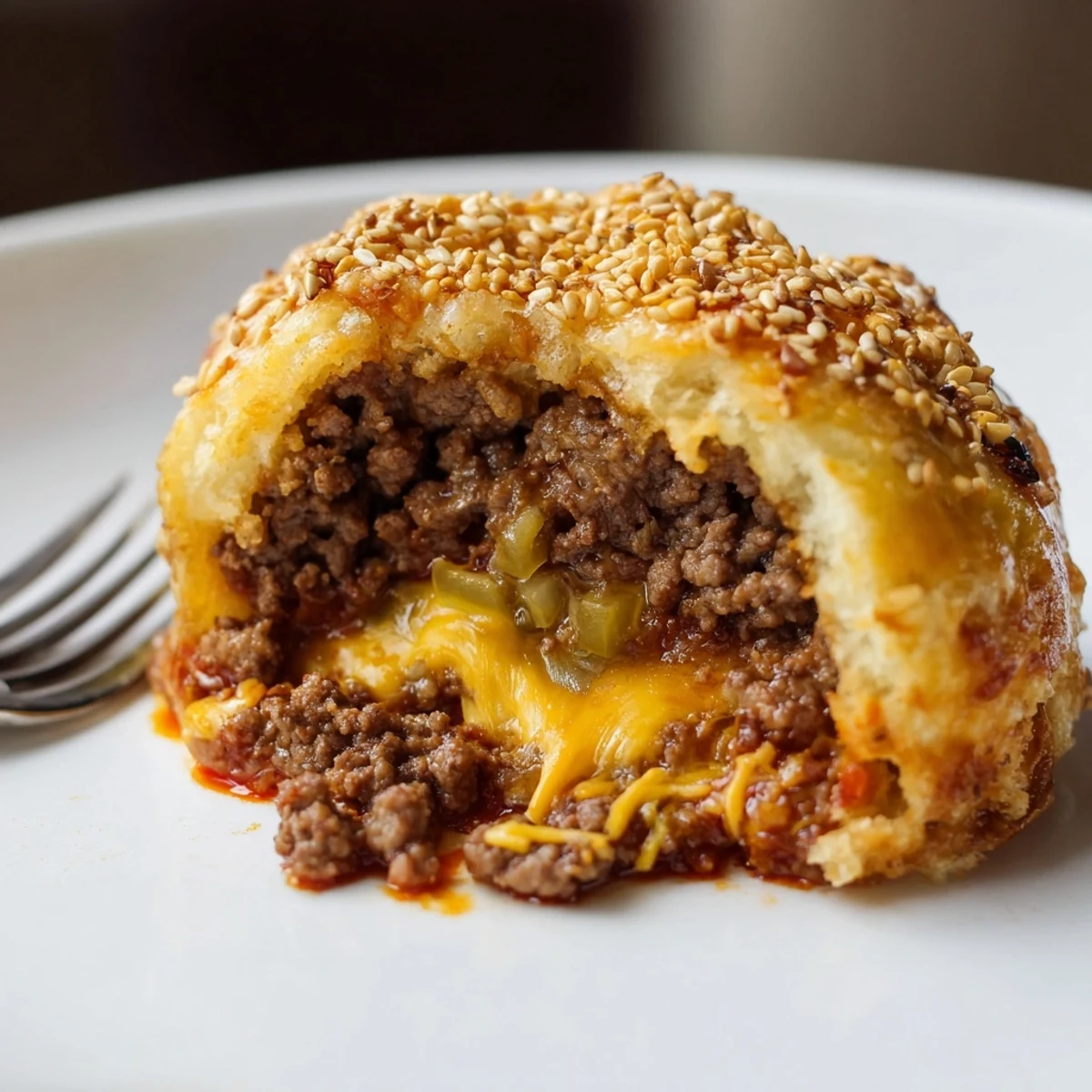 Fresh from oven Cheesy Cheeseburger Bombs Explosion Recipe, sesame-crusted and steaming, serve with ketchup