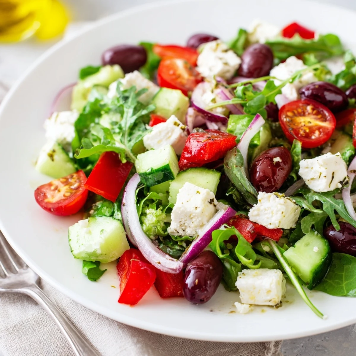 Crunchy cucumber and cherry tomatoes highlight this Fresh Salad Recipe bowl.