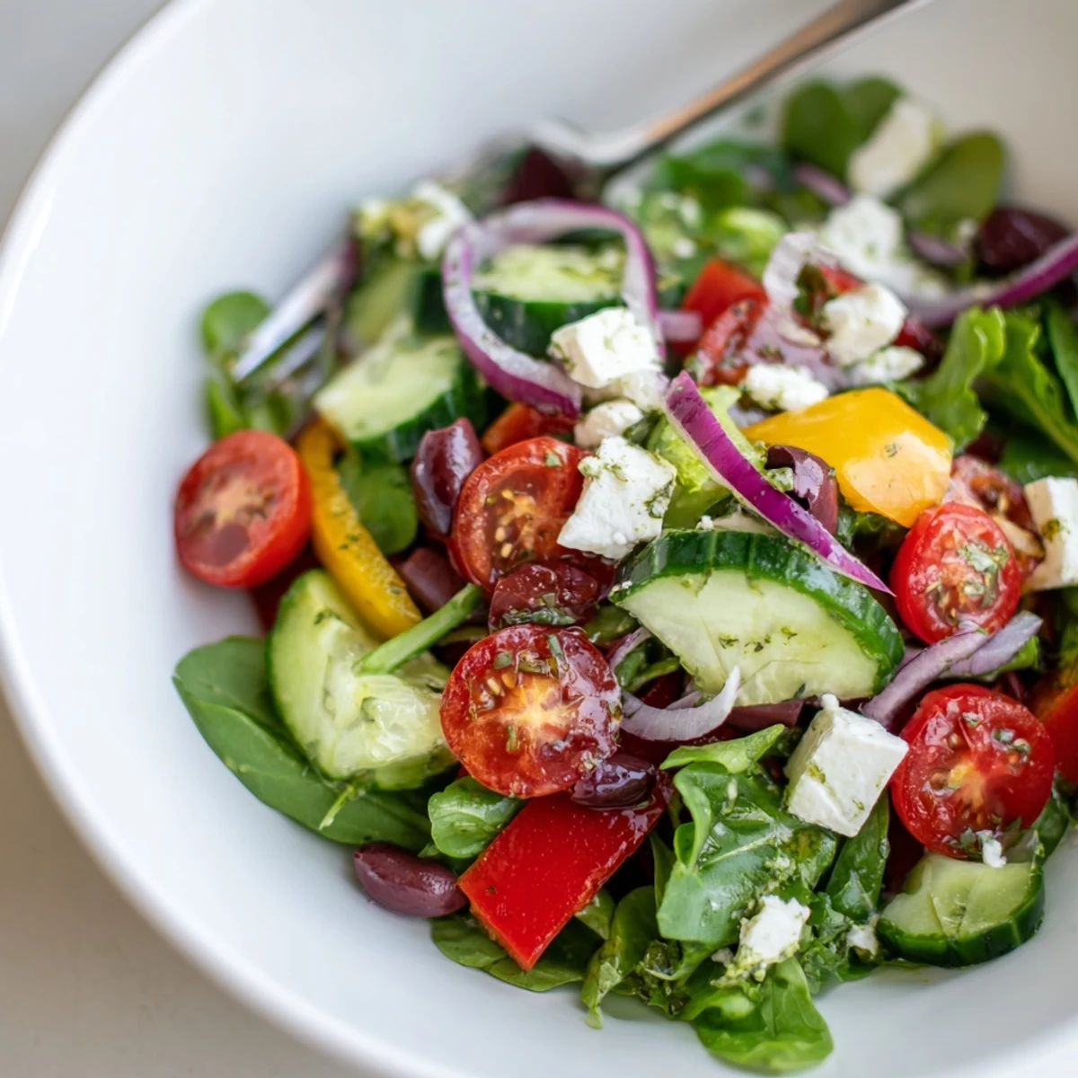Fresh Salad Recipe dressed with lemon-Dijon vinaigrette, tossed and ready.