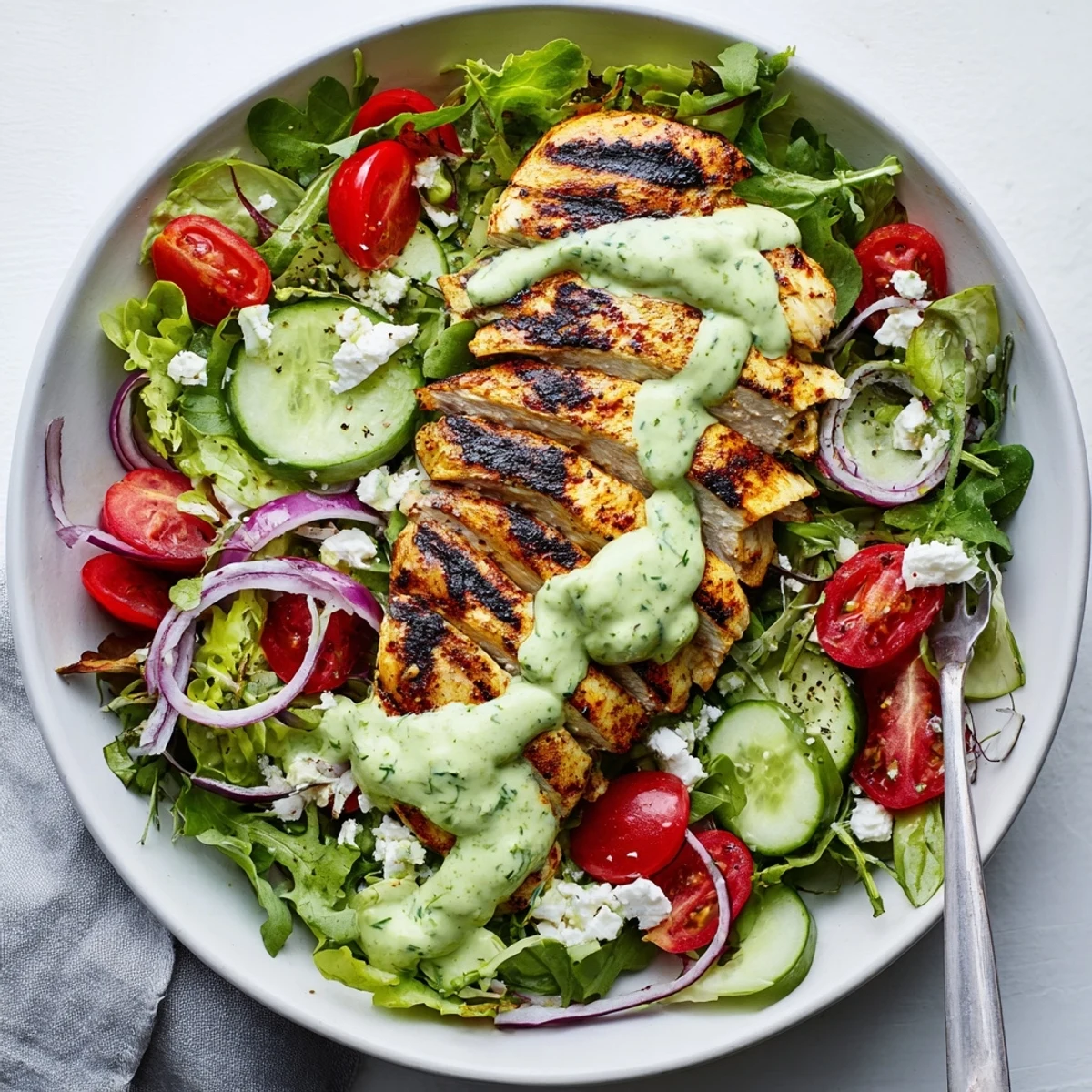 Grilled Chicken Salad Avocado Herb Dressing Recipe with charred chicken and creamy green drizzle