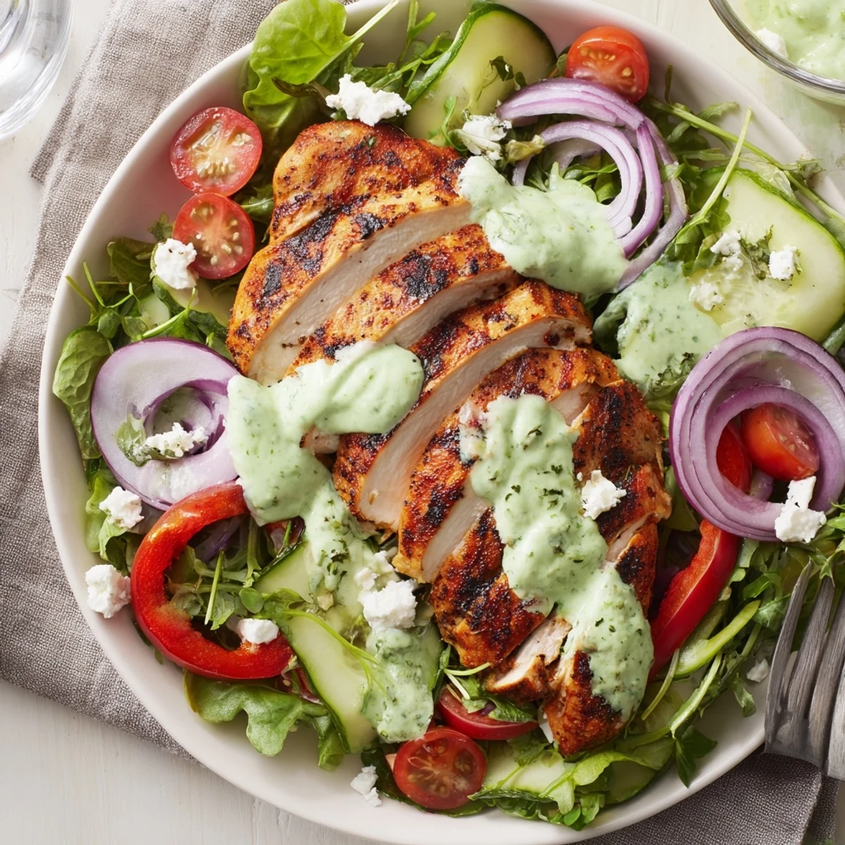 Piled with crisp greens, Grilled Chicken Salad Avocado Herb Dressing Recipe ready to serve