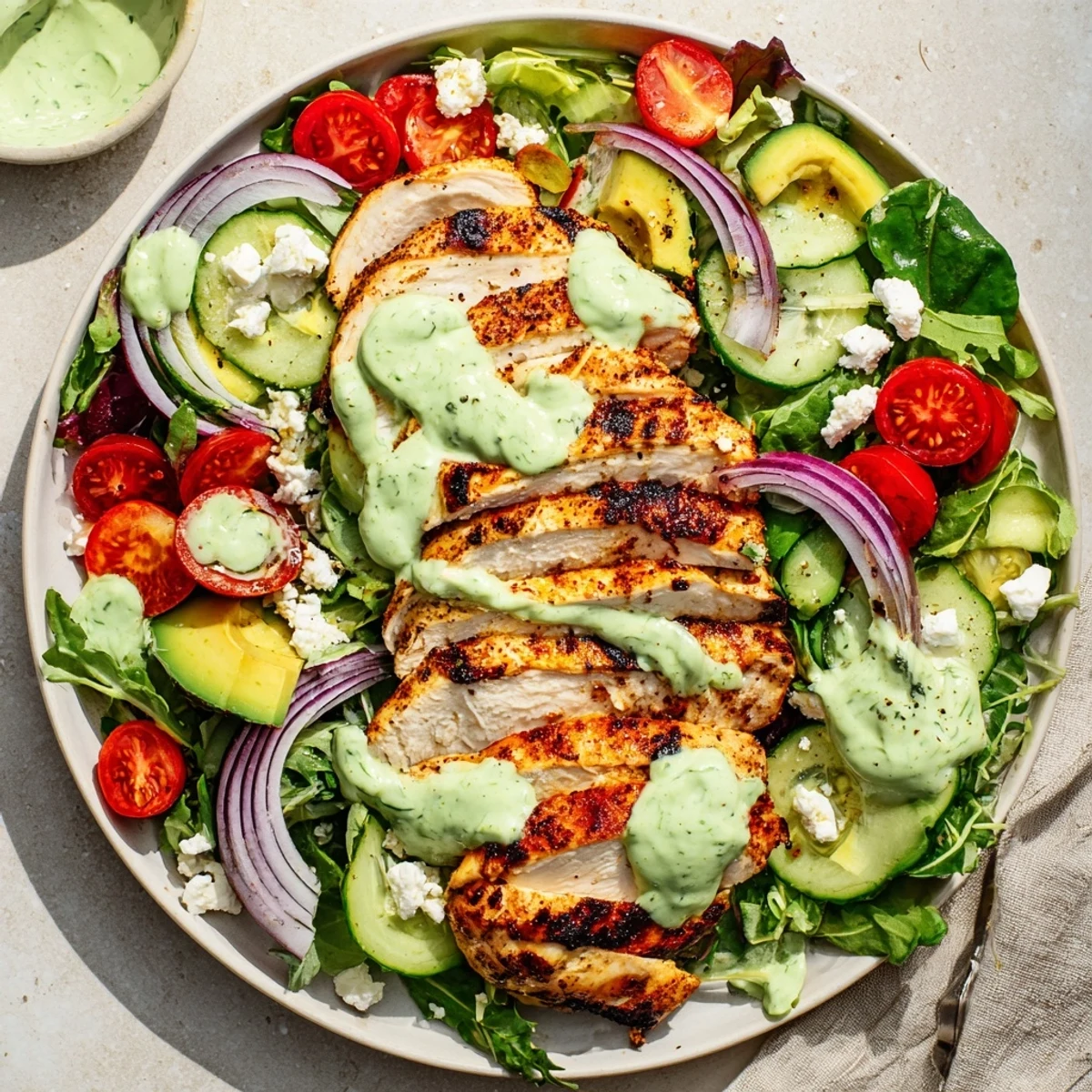 Sliced, smoky chicken atop mixed greens in Grilled Chicken Salad Avocado Herb Dressing Recipe