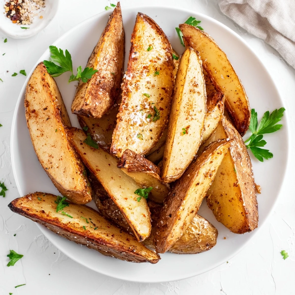 Oven-baked Potato Wedges tossed in paprika, garlic, olive oil, arranged single-layer