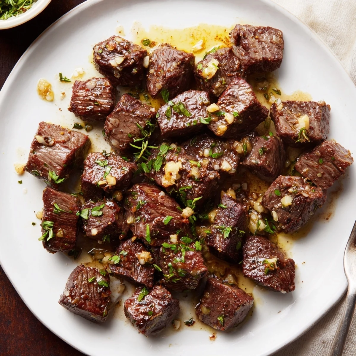 Garlic Butter Steak Bites sizzling in skillet, browned edges and buttery glaze  