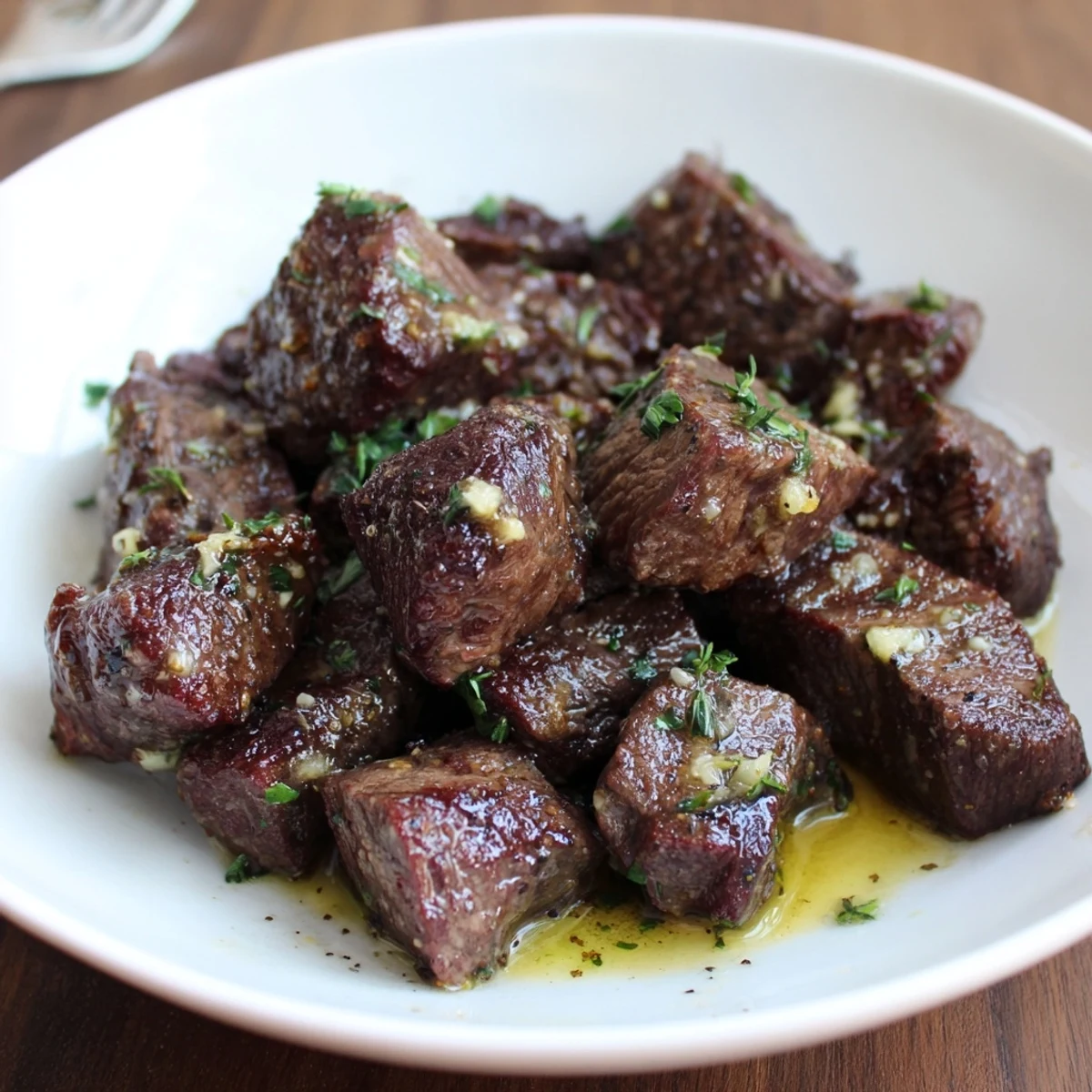 Plate of Garlic Butter Steak Bites garnished with parsley, steaming, savory aroma  
