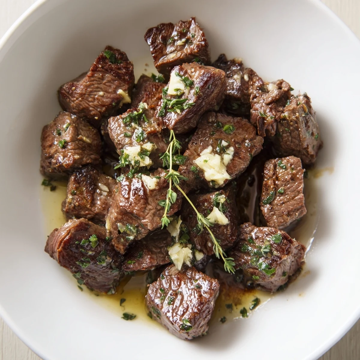 Garlic Butter Steak Bites served with crusty bread to soak up sauce