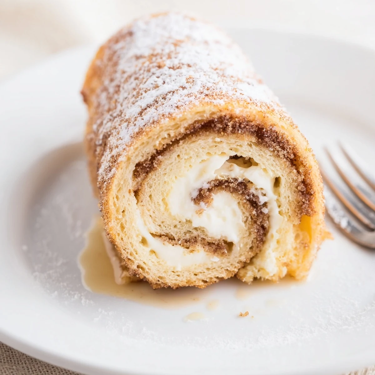 Handheld Cinnamon Roll French Toast Roll Ups filled with sweet cream cheese