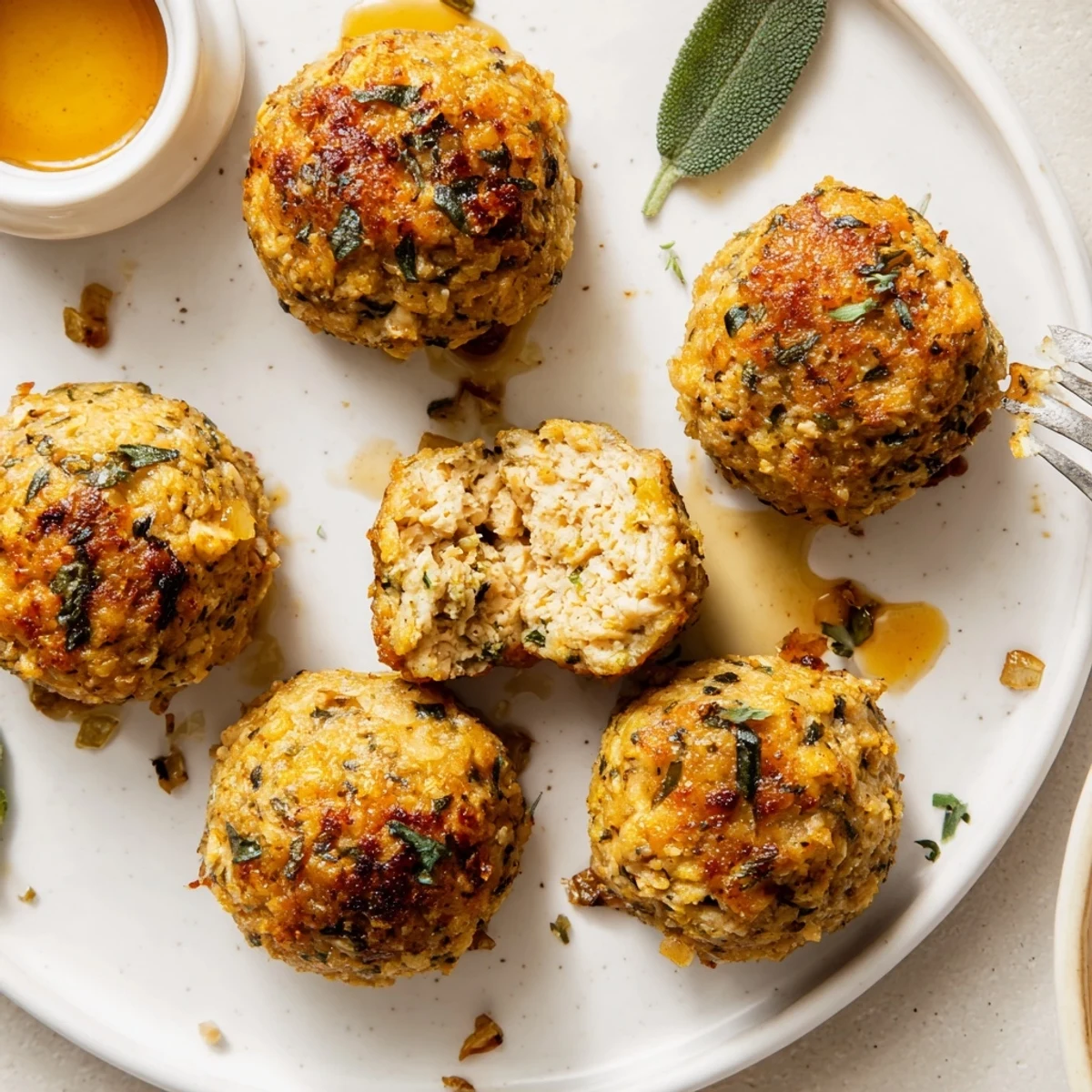 Baked Sage Onion Chicken Balls sizzling golden, served with honey-mustard dip