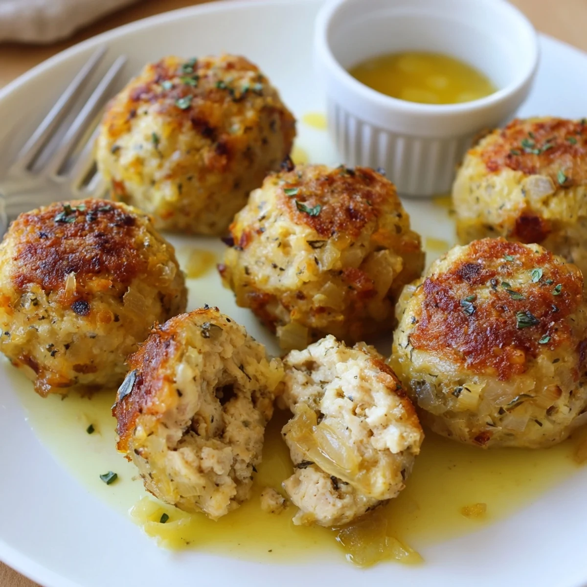 Crispy-roasted Sage Onion Chicken Balls on parchment, ready with cranberry sauce