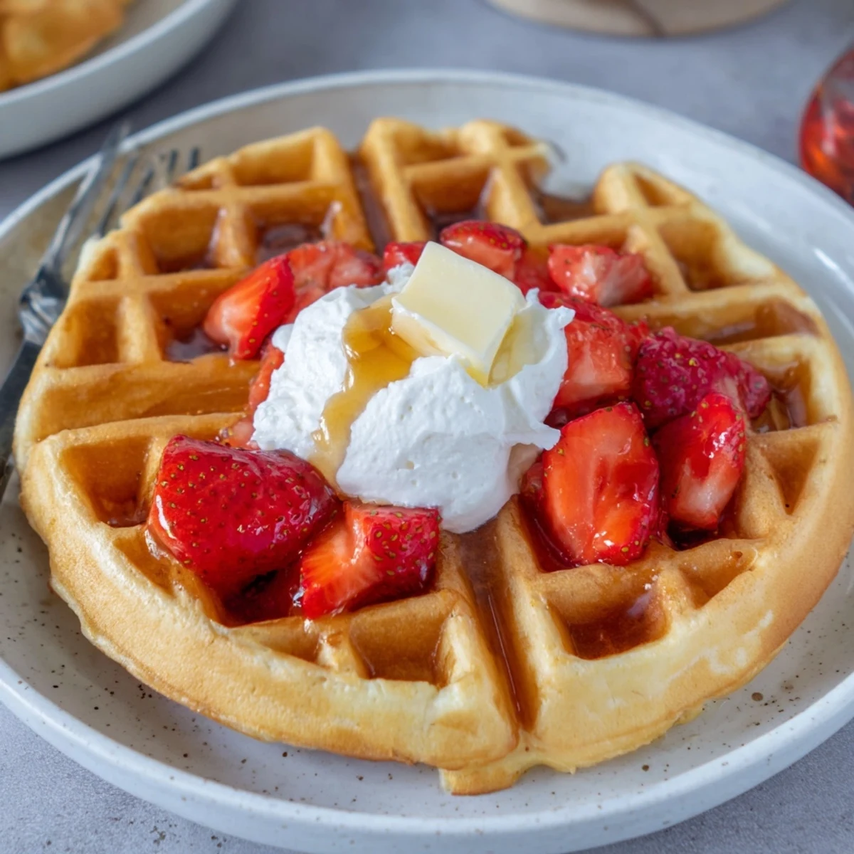 Homestyle Strawberry Waffles Recipe topped with whipped cream and fresh strawberries