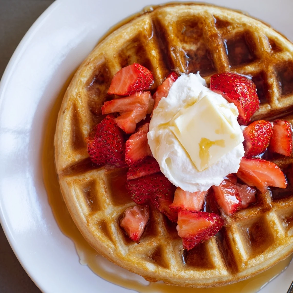 Strawberry Waffles Recipe with golden crisp edges, warm syrup and berries