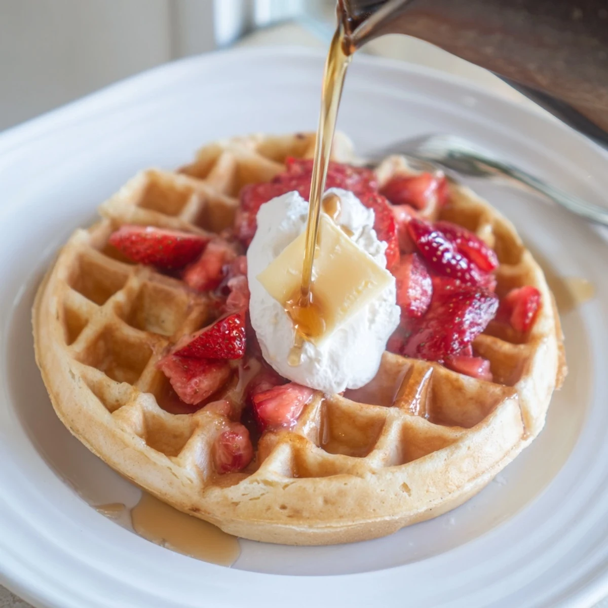 Light fluffy Strawberry Waffles Recipe served hot from waffle iron, buttery aroma