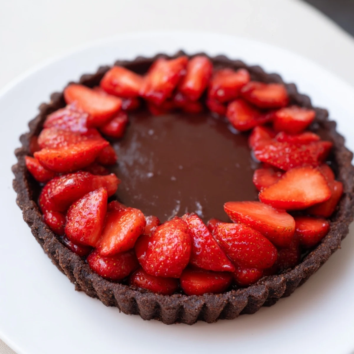 Dark Chocolate Strawberry Tart Recipe on cooling rack, glossy ganache, ripe strawberries