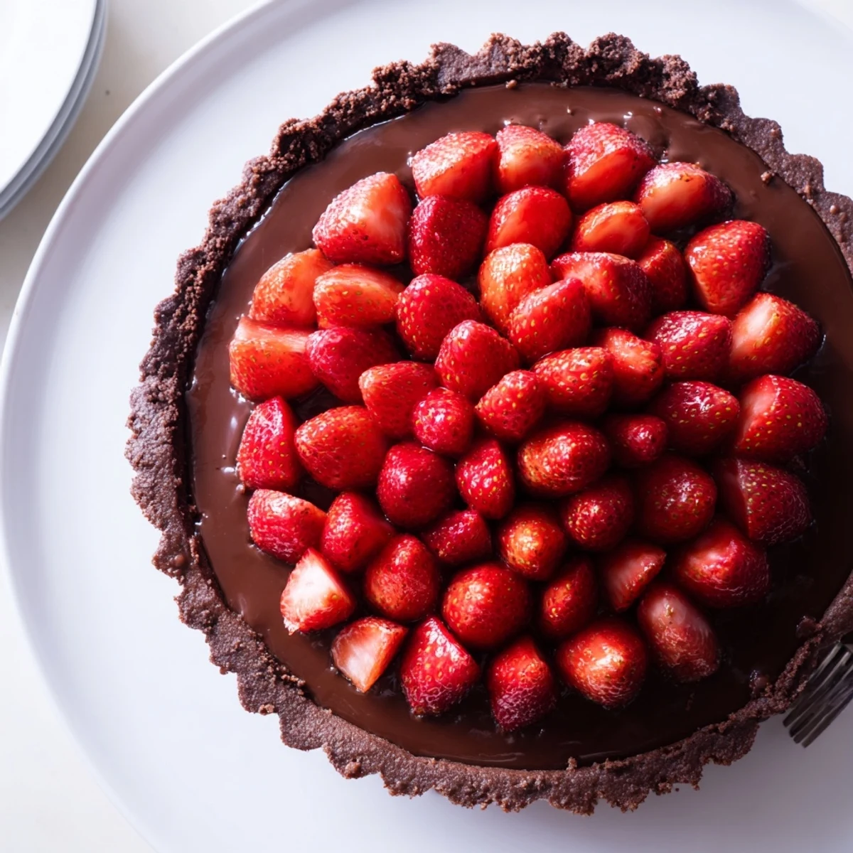 Finished Dark Chocolate Strawberry Tart Recipe topped with shiny apricot glaze and almonds