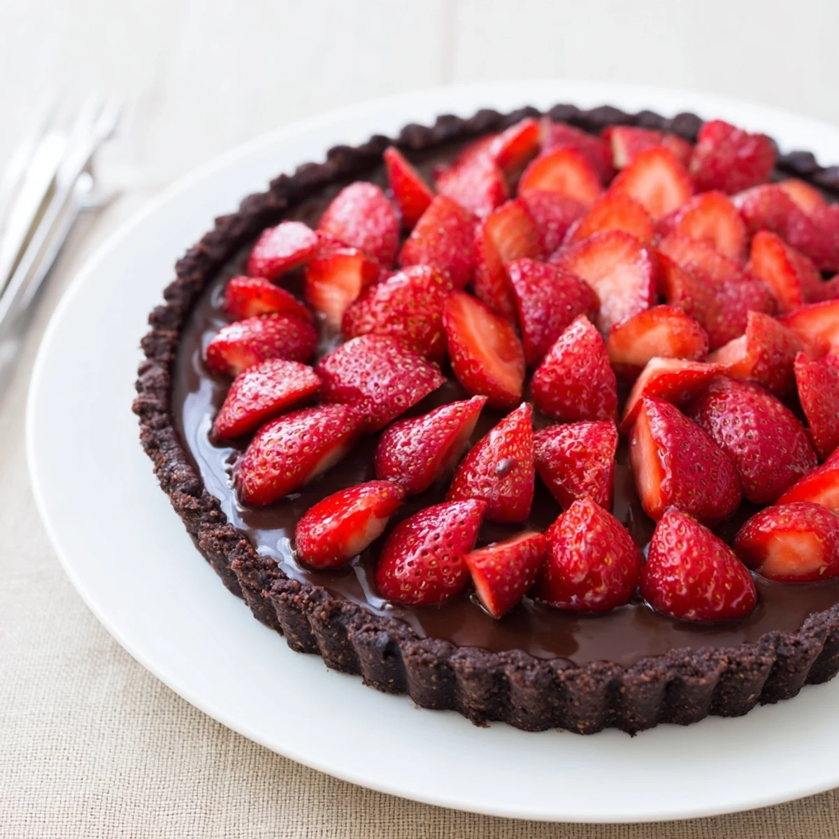 Chilled Dark Chocolate Strawberry Tart Recipe sliced, velvety ganache, fresh berry shine