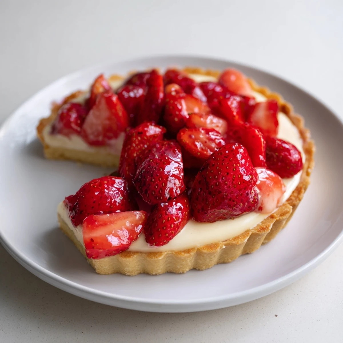 Tarte aux Fraises on a golden buttery crust, neatly arranged strawberries