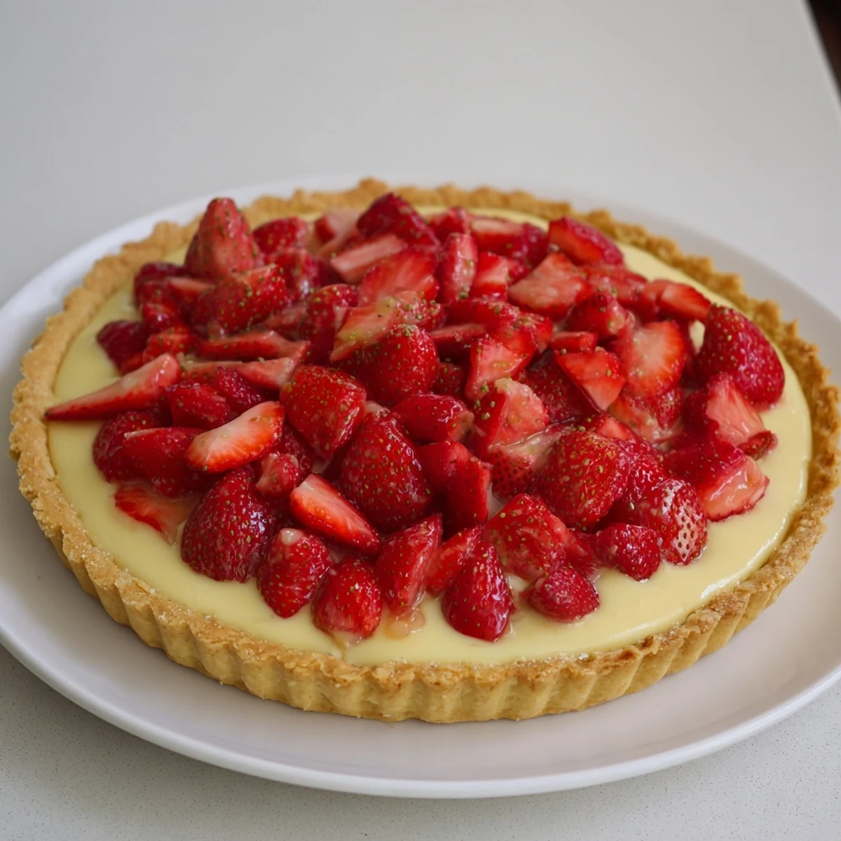 Chilled Tarte aux Fraises glazed with apricot for shine and lemon zest