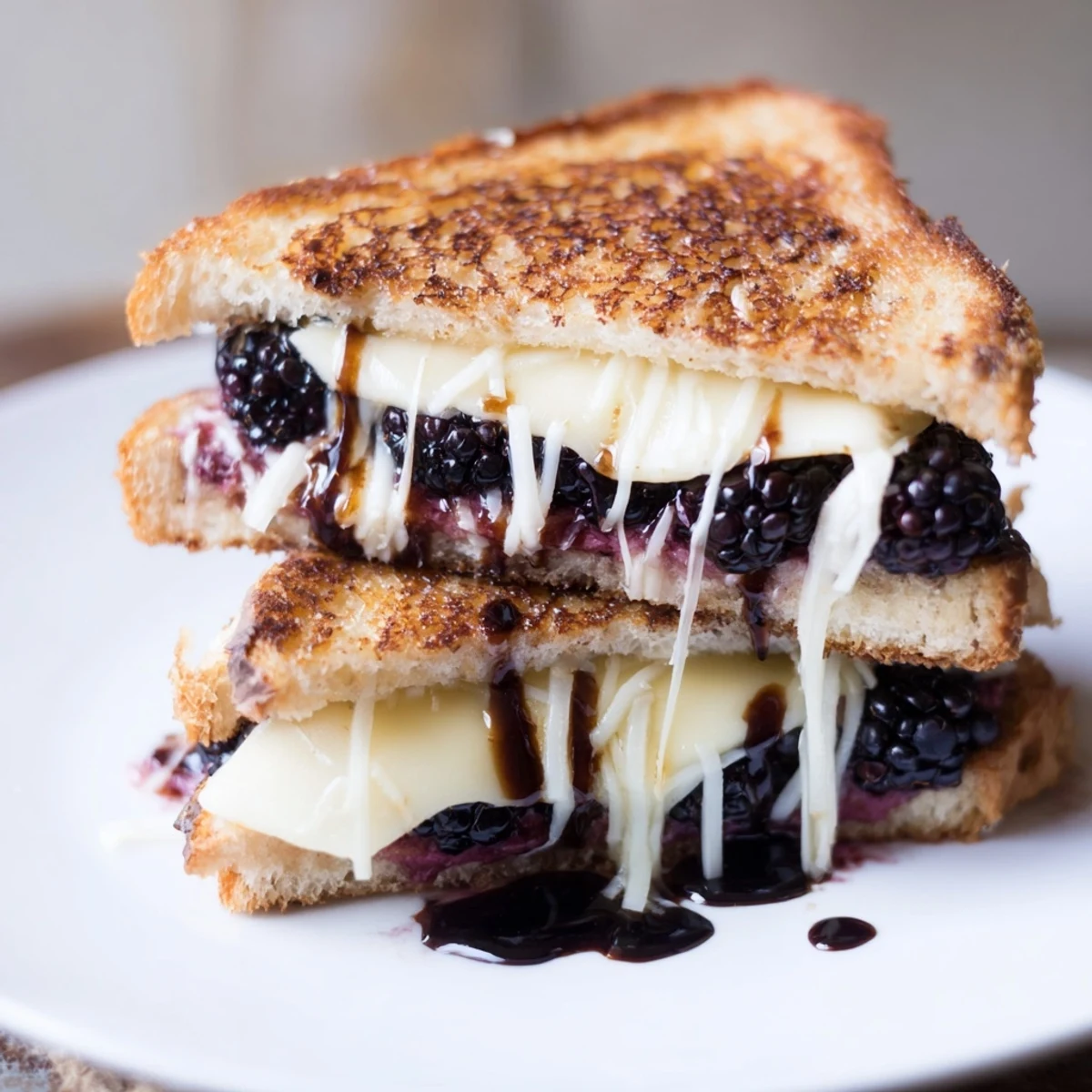 Warm Balsamic Blackberry Bliss Grilled Cheese melting brie with glossy glaze  