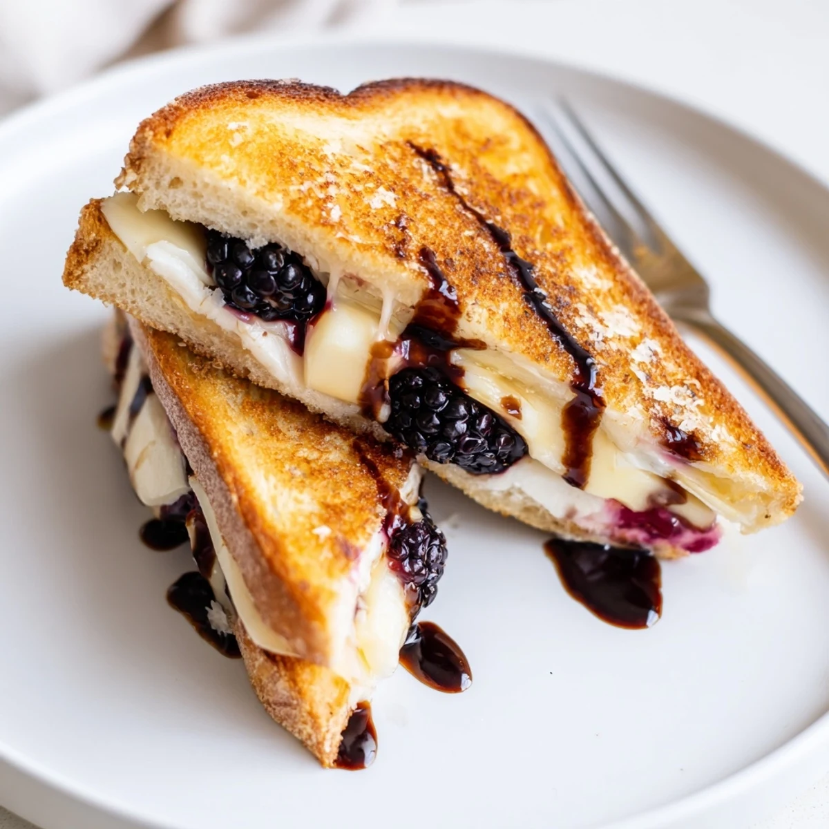 Sliced Balsamic Blackberry Bliss Grilled Cheese served warm, honeyed glaze drizzle