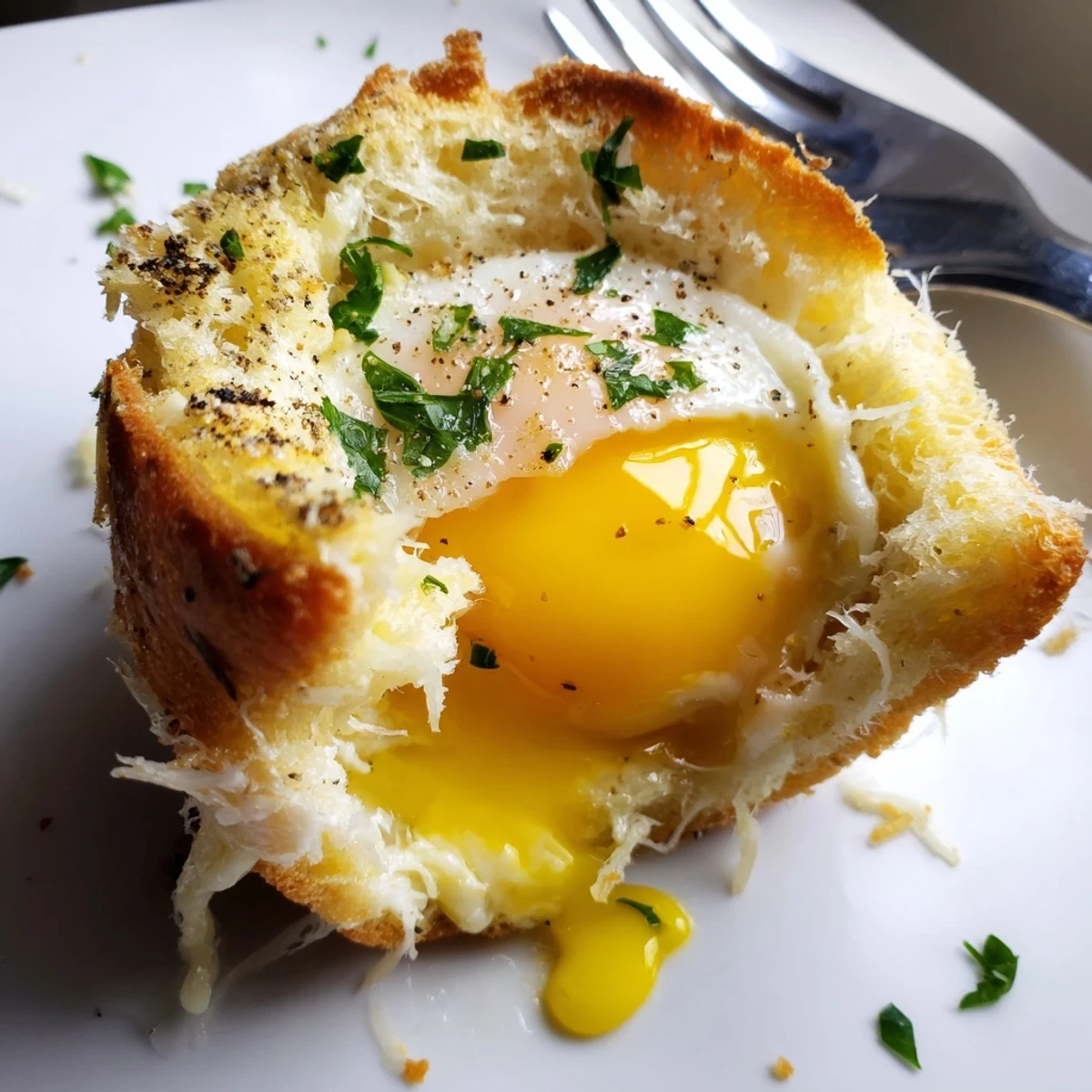Warm, golden-edged egg nests in muffin tin: Lazy Garlic Bread Egg Cups