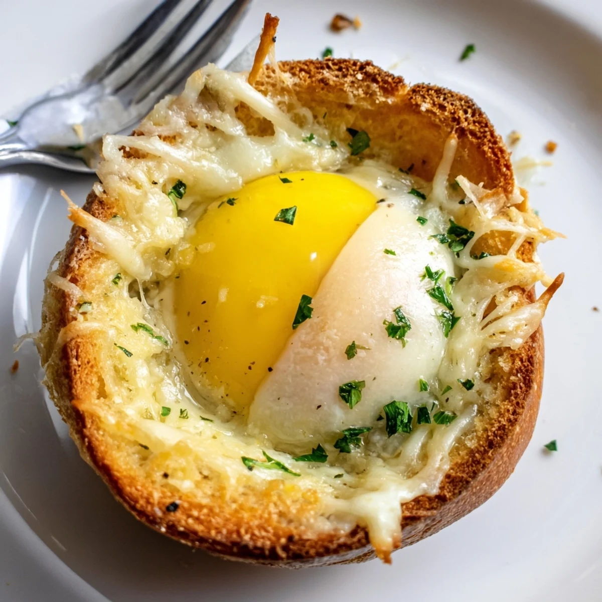 Six savory Lazy Garlic Bread Egg Cups with melty cheese, crisp edges