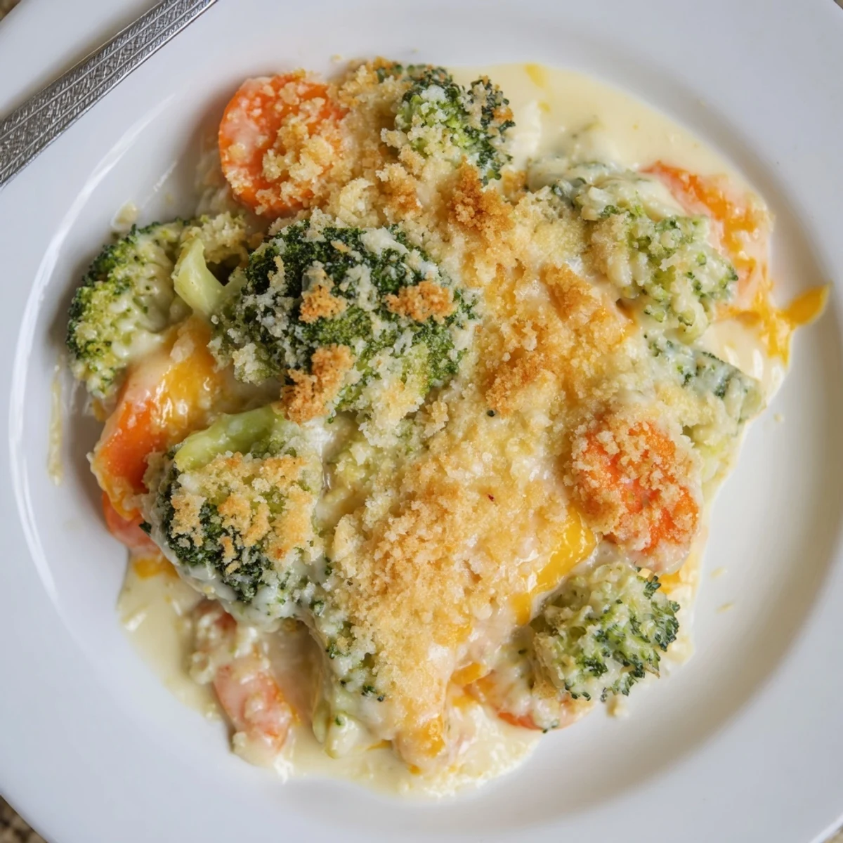Creamy Cheese Bake Broccoli Carrots studded with tender florets and melted cheddar.