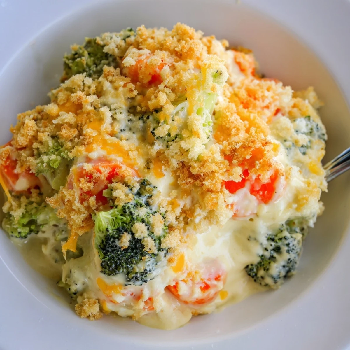 Family-style Cheese Bake Broccoli Carrots served steaming next to roasted chicken.