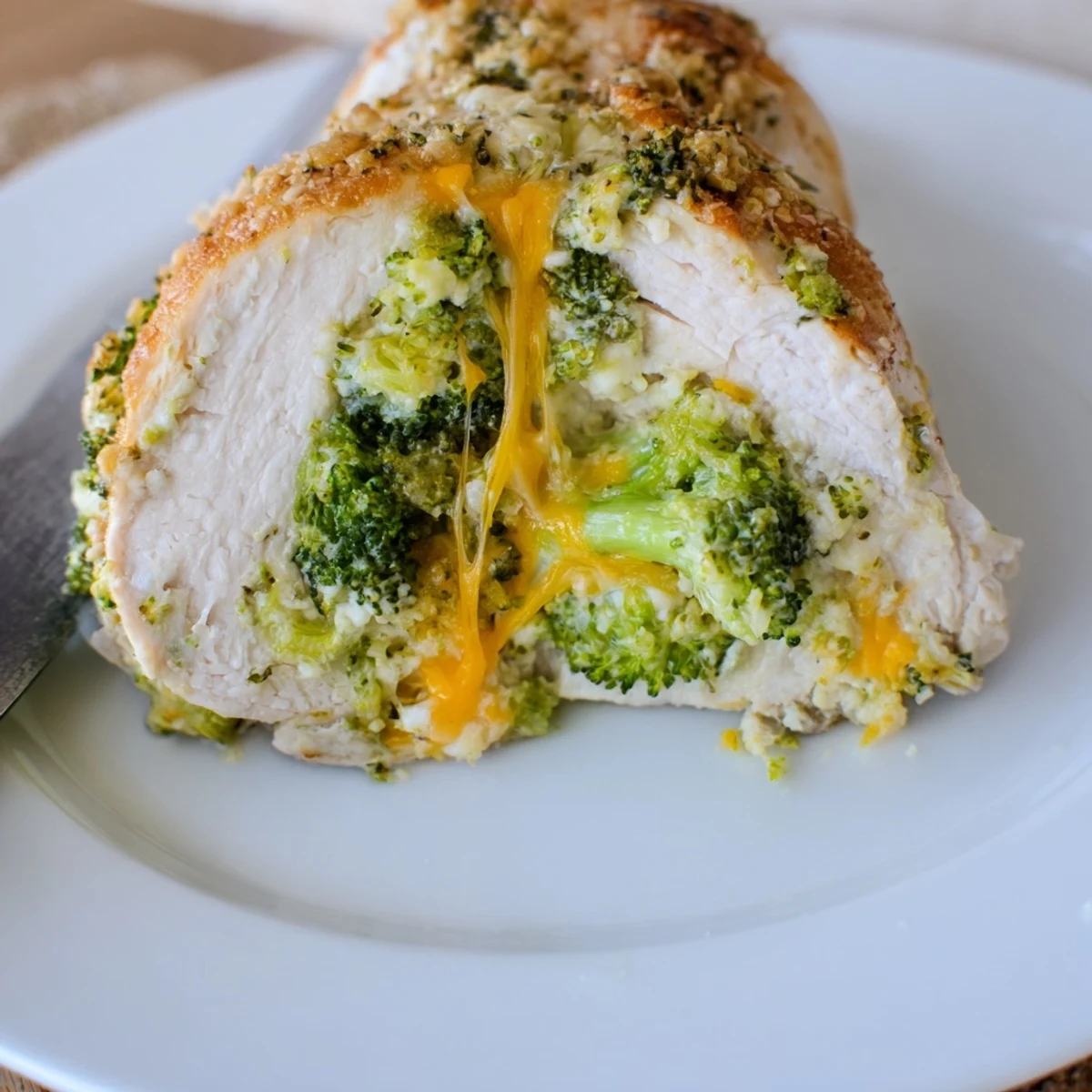 Oven-baked Broccoli Cheese Stuffed Chicken Breast on parchment, ready to serve with salad