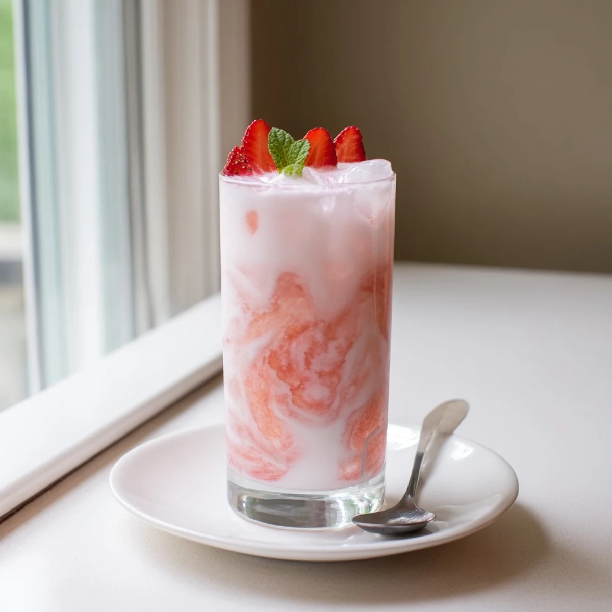 Creamy pink Strawberry Coconut Cooler Recipe topped with sliced strawberries and crushed ice.