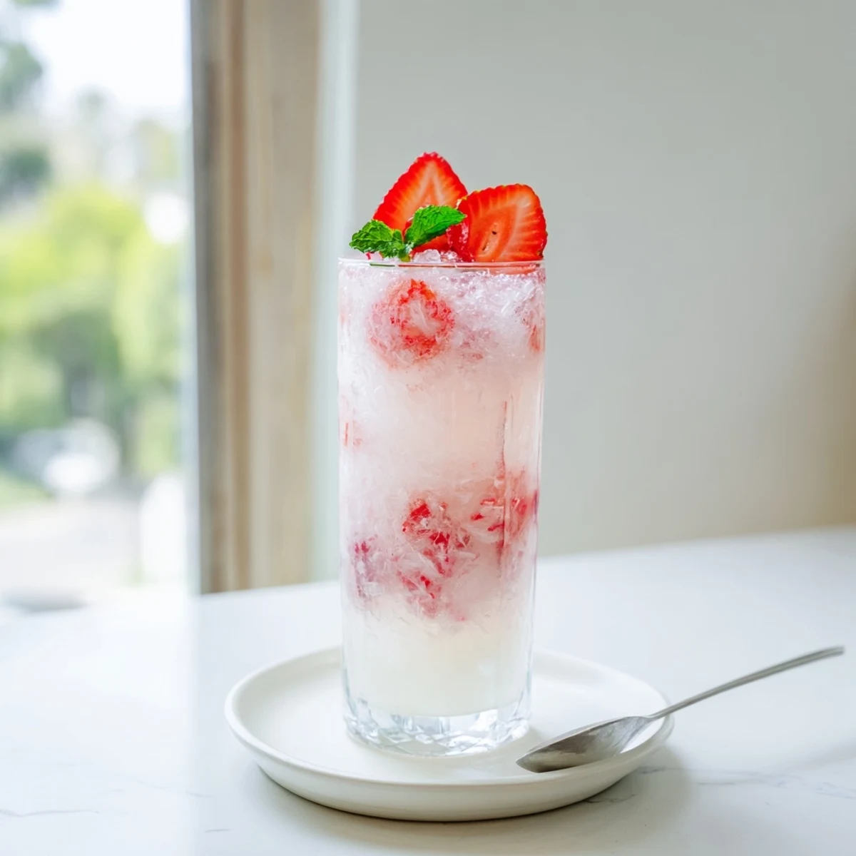 Frothy Strawberry Coconut Cooler Recipe in chilled glasses, garnished with fresh mint.