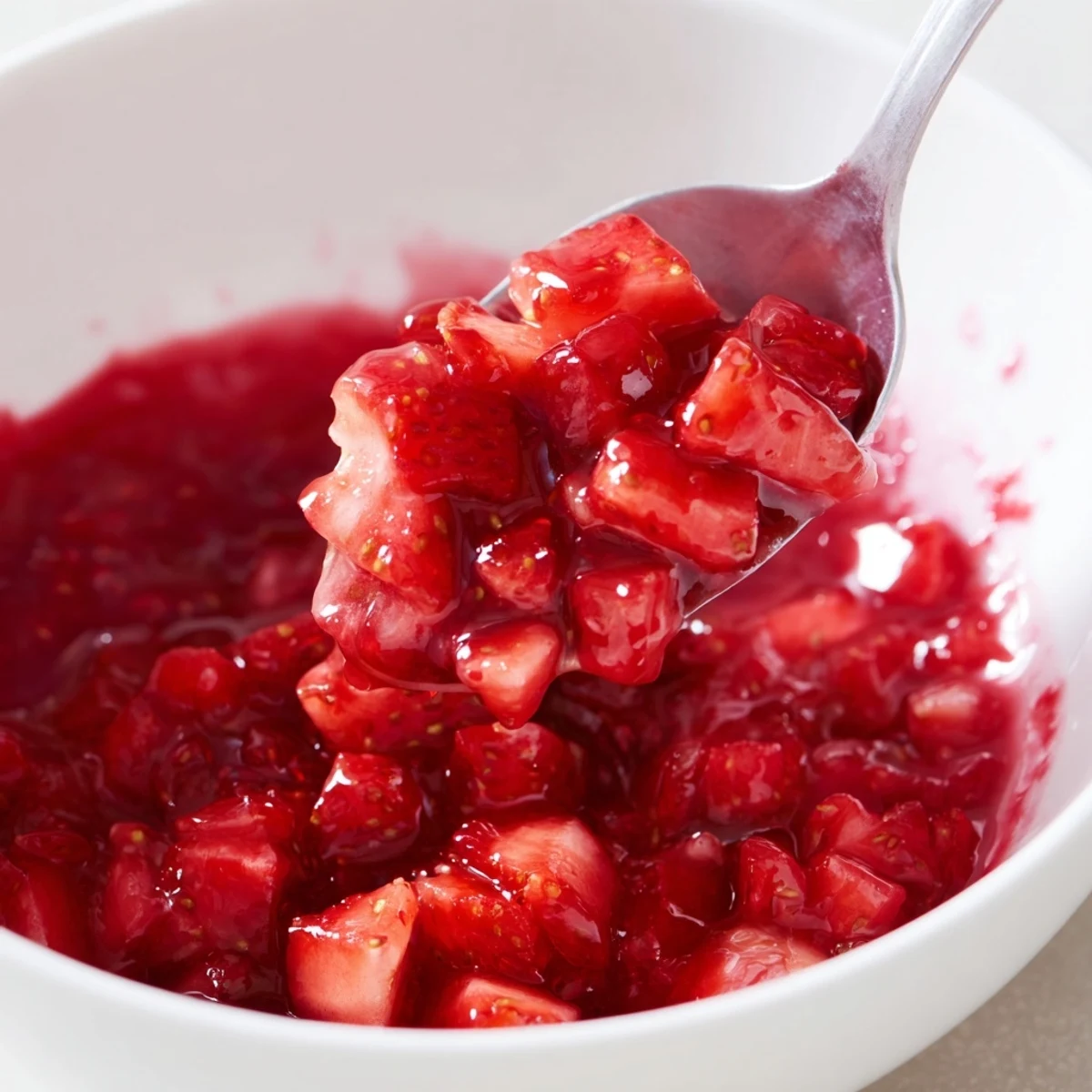 Creamy spoon of Strawberry Cake Filling Recipe cooling in a bowl, ready to spread.