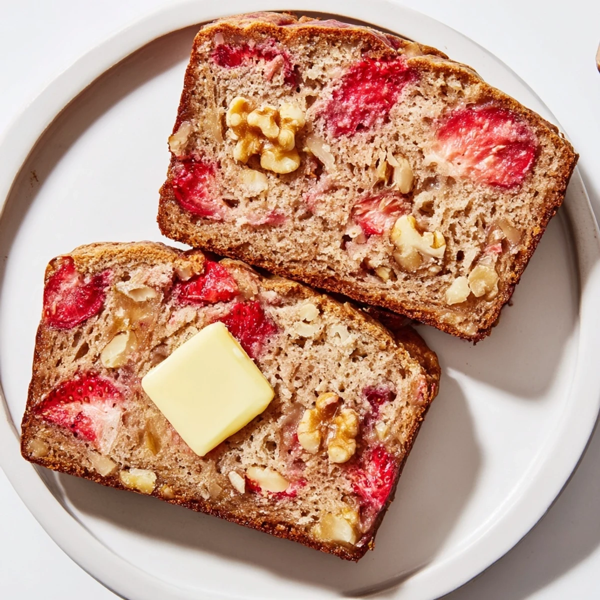 Strawberry Banana Bread Recipe showing golden loaf studded with juicy strawberries, sliced.